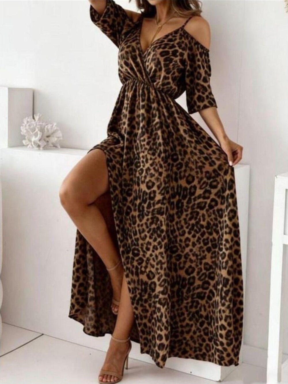 Women's Leopard Cold Shoulder Slit Maxi Dress Beach Vacation Resort